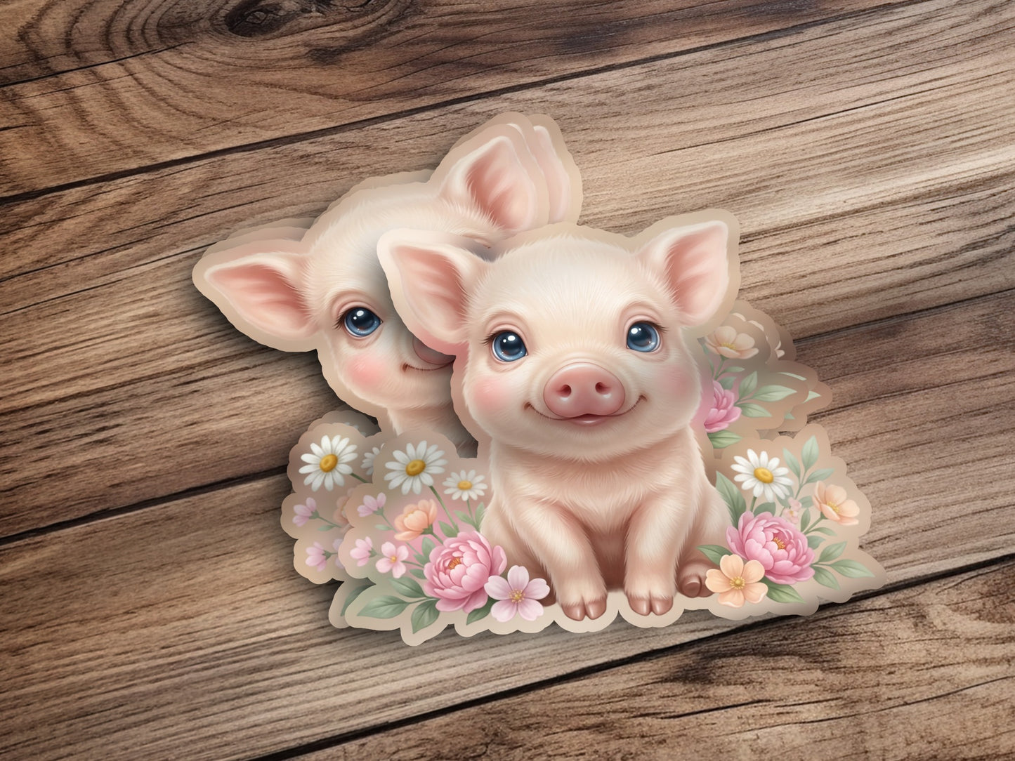Two cartoon piglets surrounded by flowers on a wooden background.