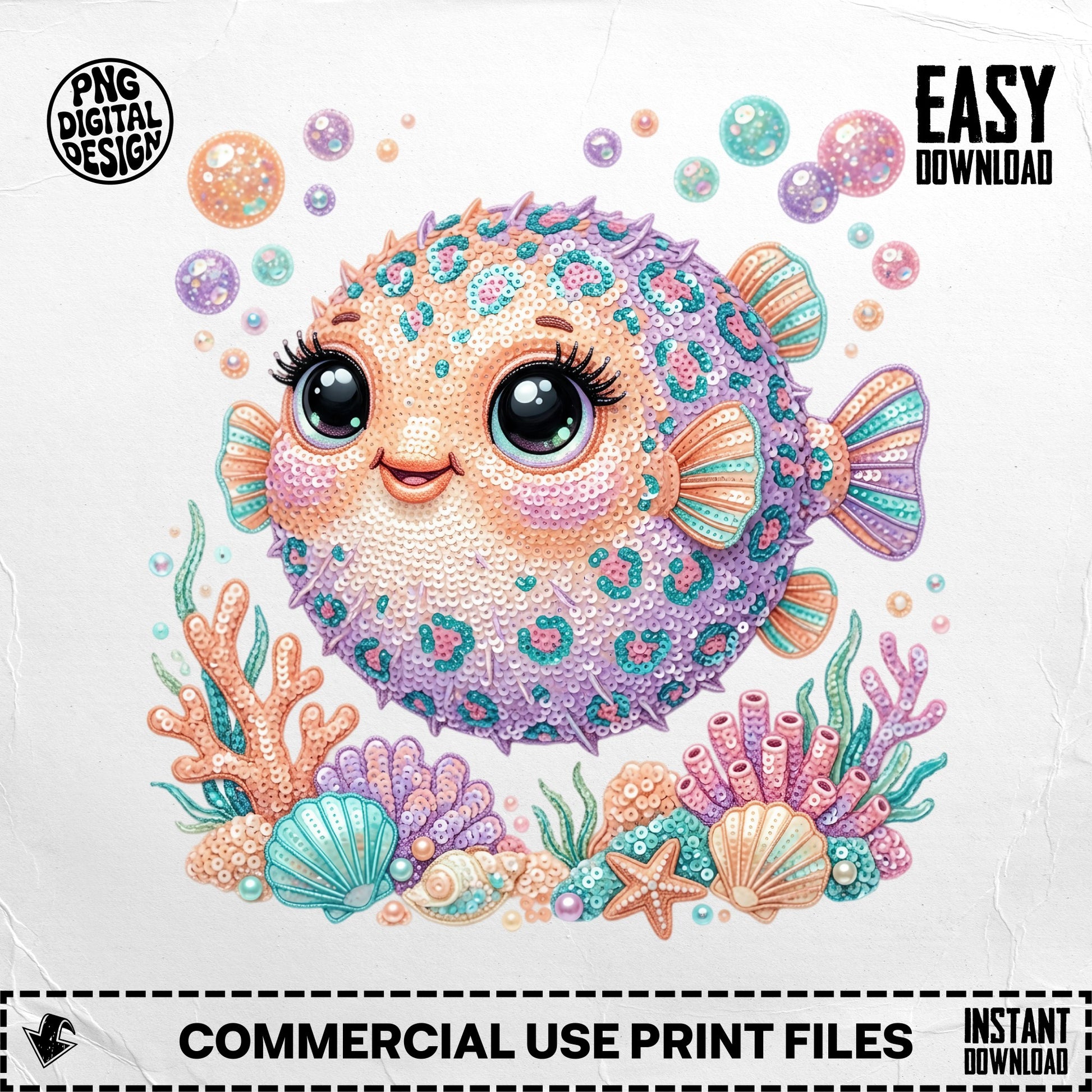 Cute cartoon pufferfish with sequins, seashells, and coral on white background.