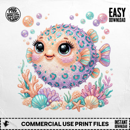 Cute cartoon pufferfish with sequins, seashells, and coral on white background.