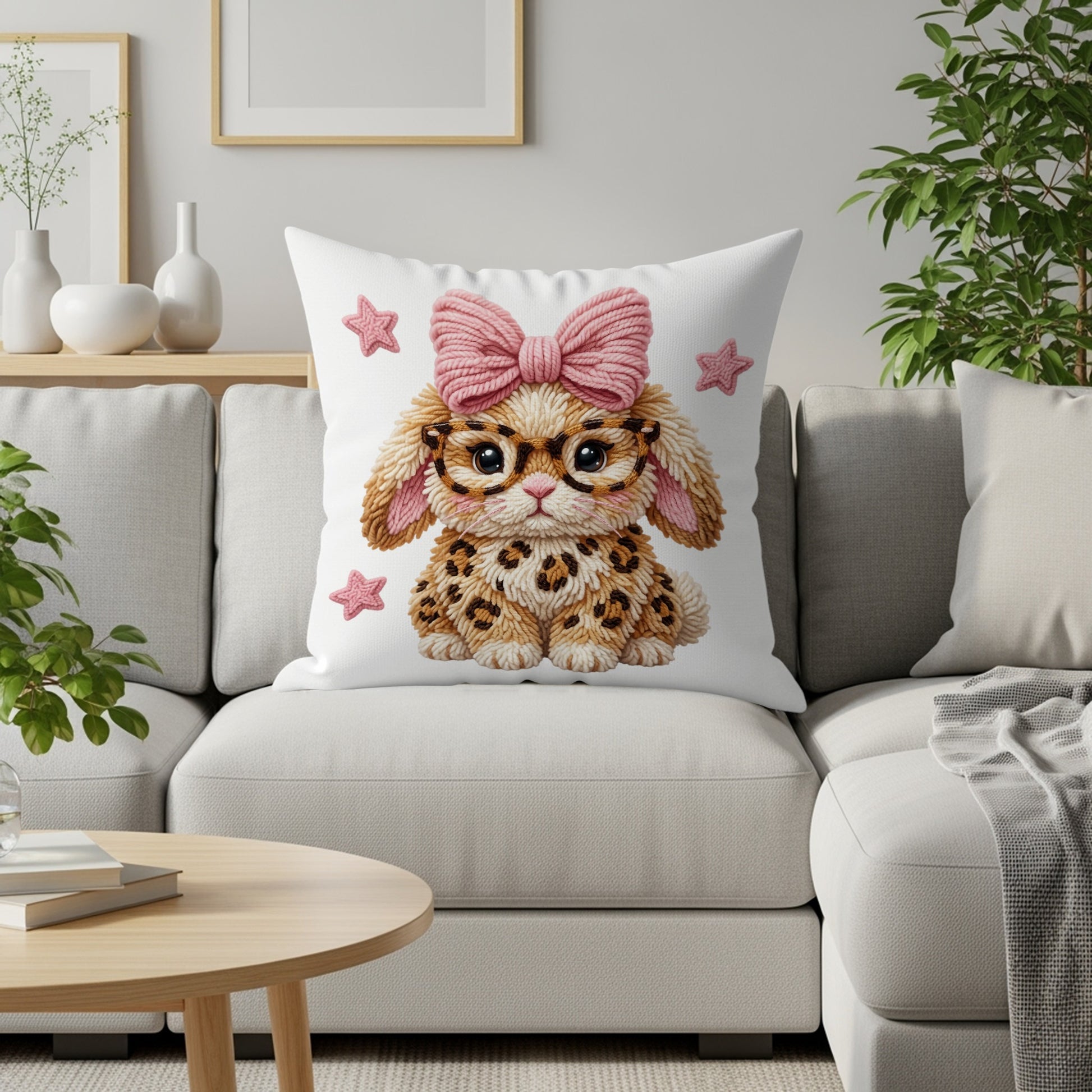 Fluffy bunny with pink bow, glasses, and leopard print on pillow.