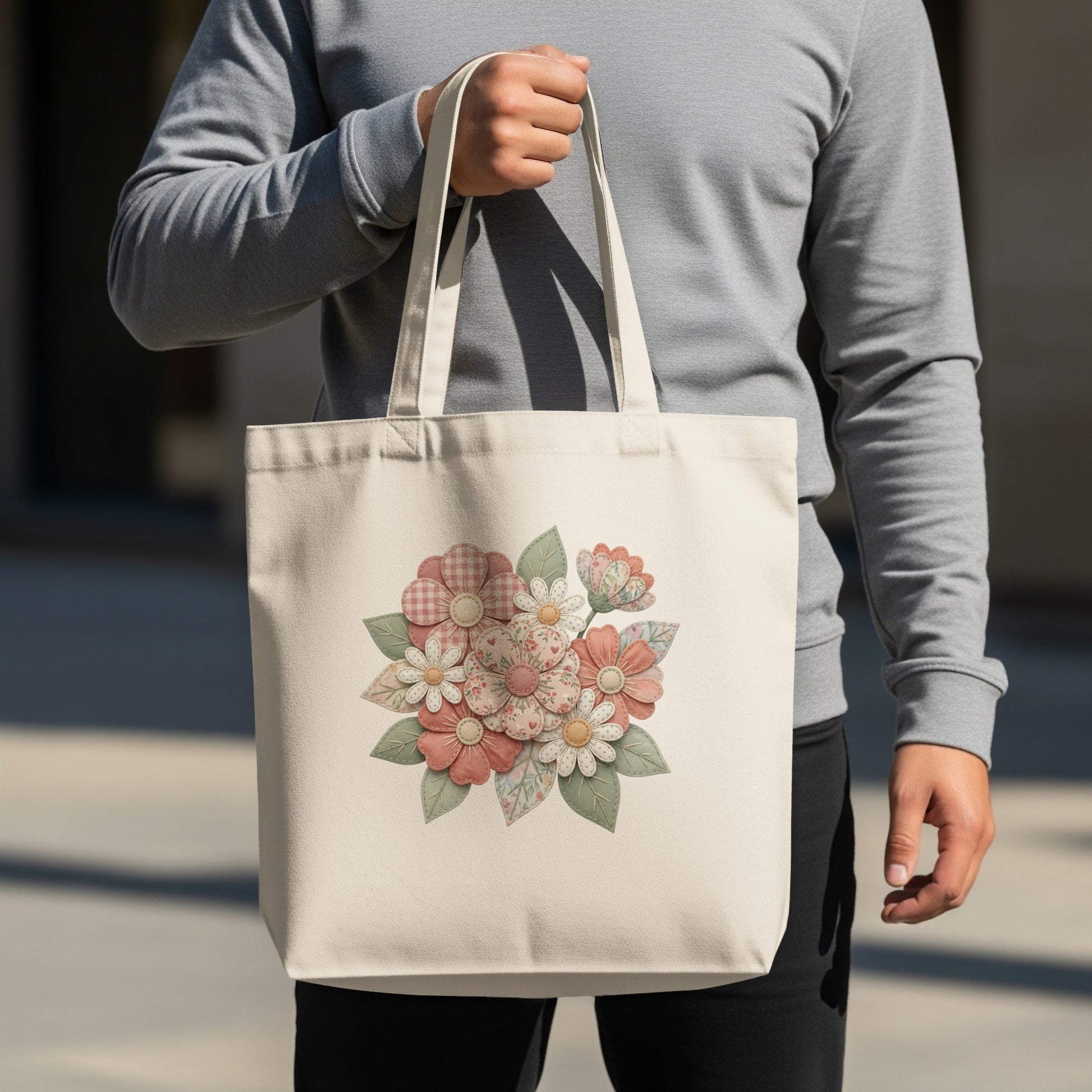 Cream canvas tote bag with a floral bouquet design.