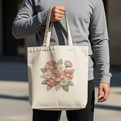 Cream canvas tote bag with a floral bouquet design.