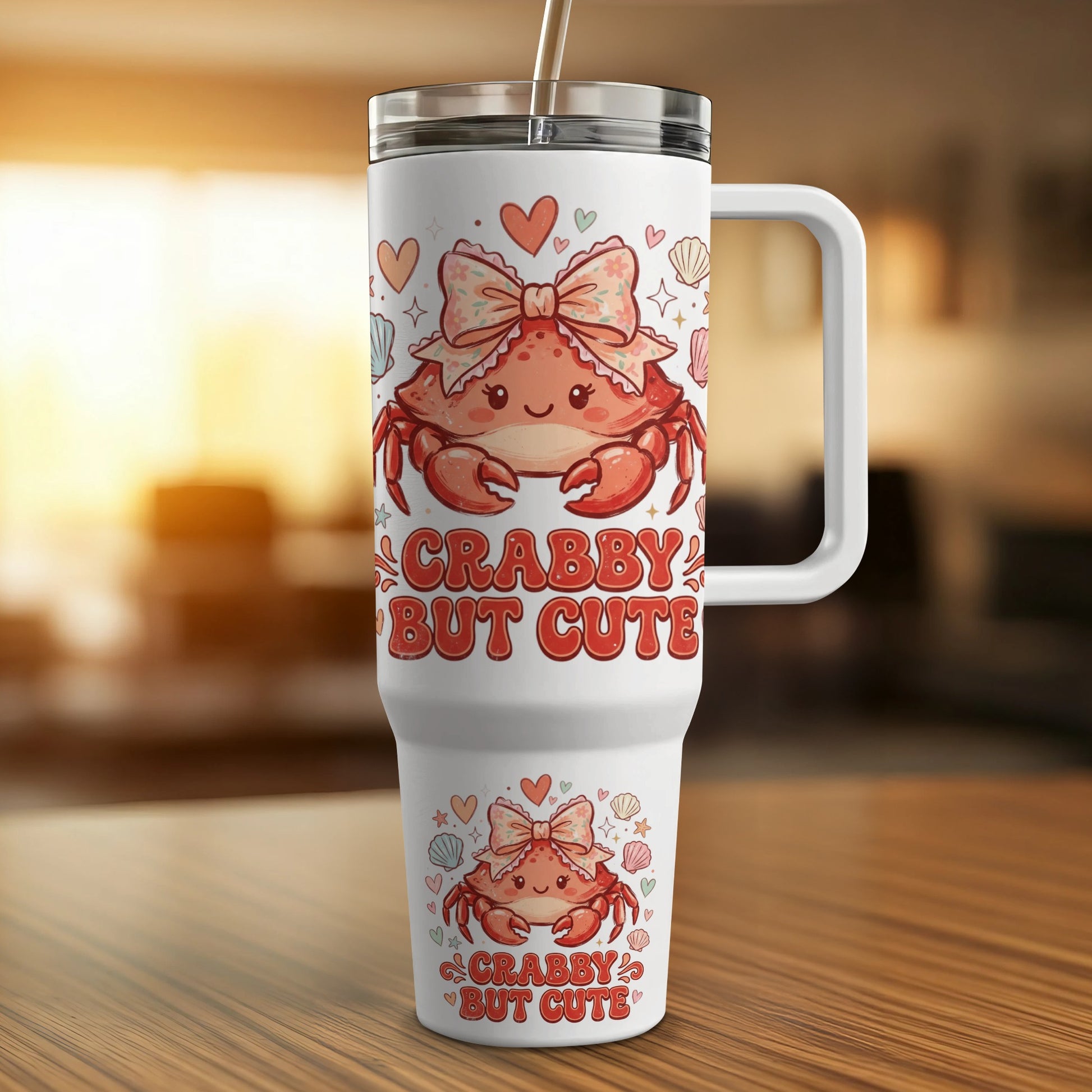 White tumbler with cute crab wearing a bow, "Crabby But Cute" text.