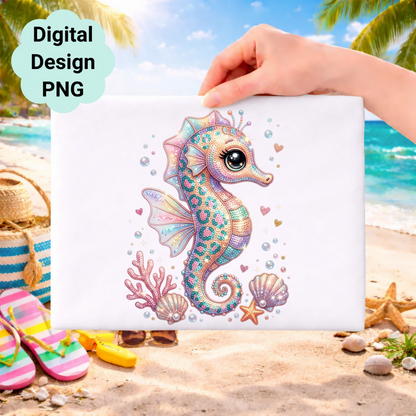Cute cartoon seahorse with seashells and coral on a beach background.