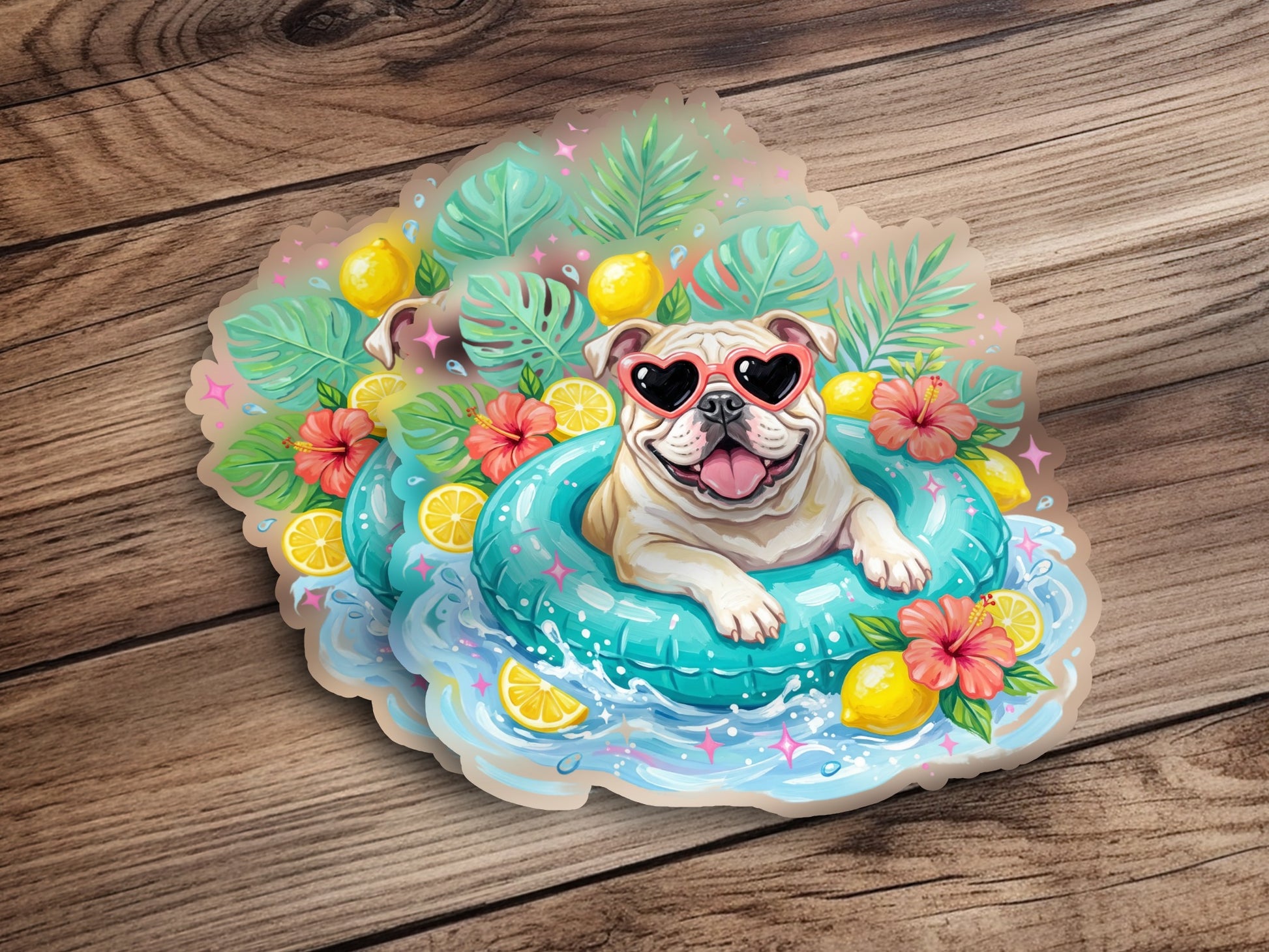 Bulldog in heart sunglasses floats in a tropical pool on a wooden background.