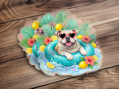 Bulldog in heart sunglasses floats in a tropical pool on a wooden background.