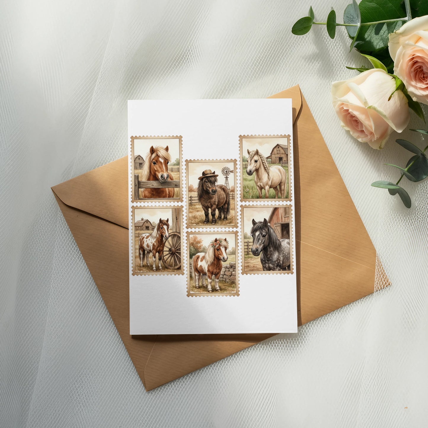 Stamps featuring ponies in rustic barn settings.