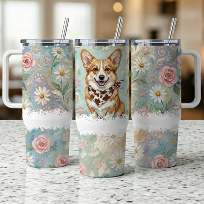Three tumblers with a corgi and floral pattern.