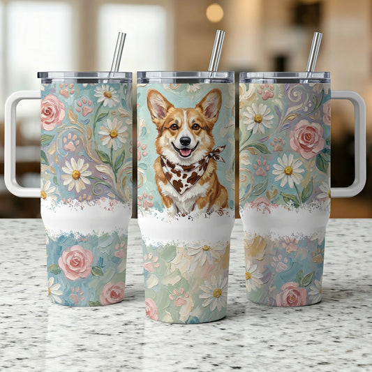 Three tumblers with a corgi and floral pattern.