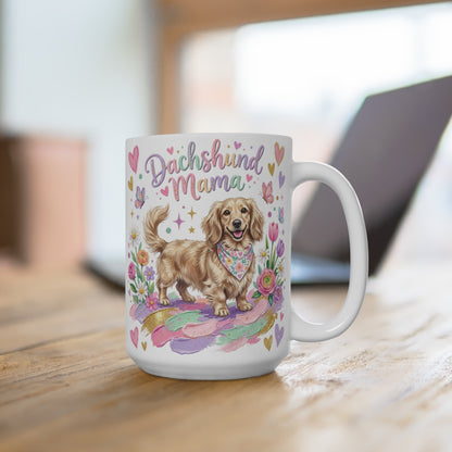Dachshund Mama mug with playful dog and floral accents.