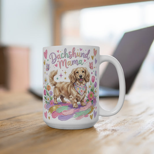 Dachshund Mama mug with playful dog and floral accents.