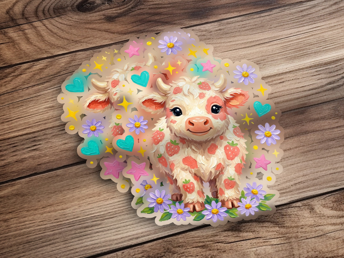 Cute strawberry cow sticker with flowers and stars.
