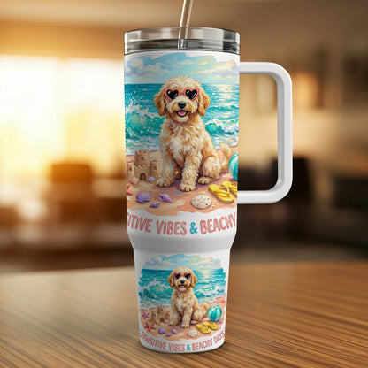 Goldendoodle wearing heart sunglasses on a beach with "Pawsitive Vibes & Beachy Days" text.