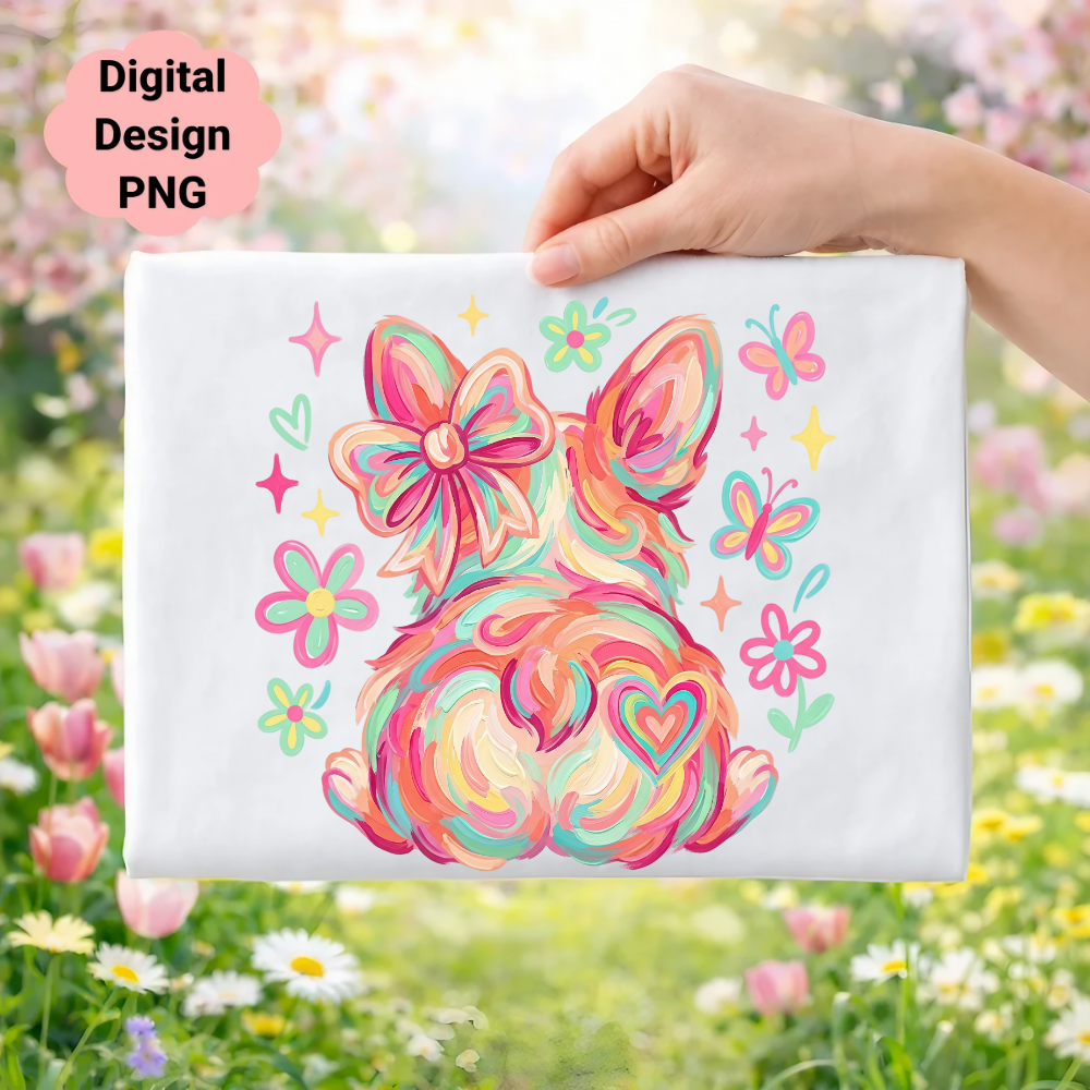 Colorful corgi butt with heart and bow, surrounded by flowers and butterflies.