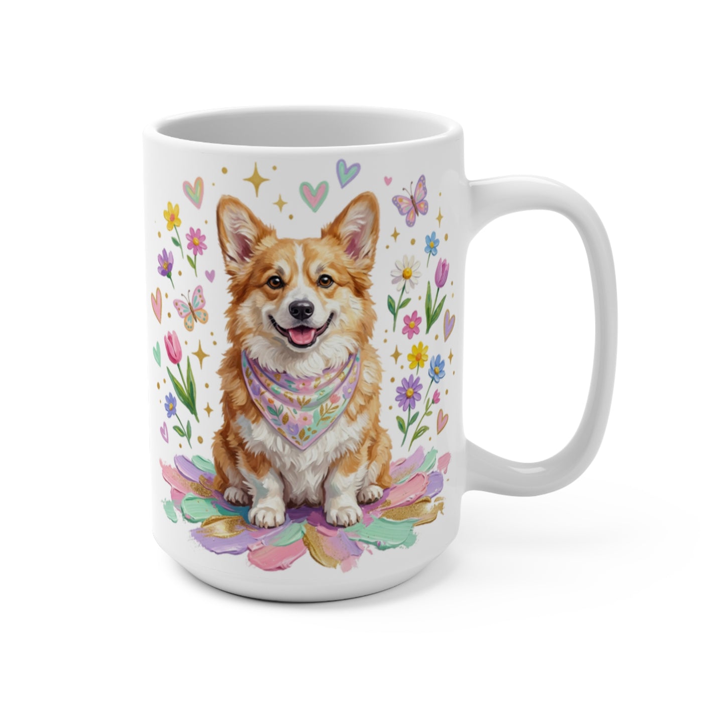 Smiling corgi wearing a bandana sits on a colorful flower bed.
