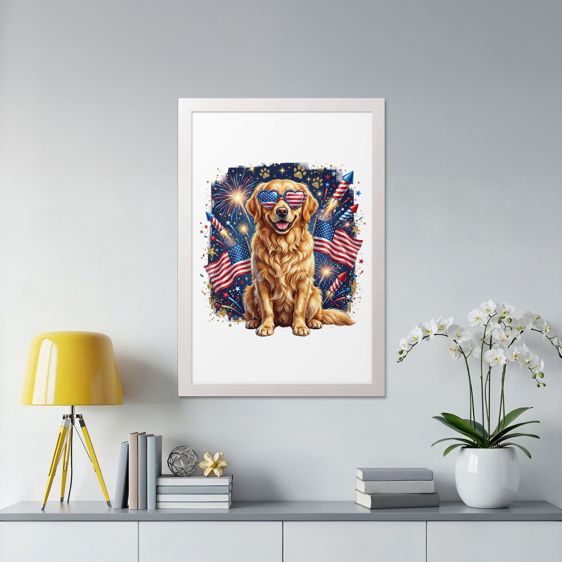 Golden retriever in patriotic sunglasses with fireworks and American flags.