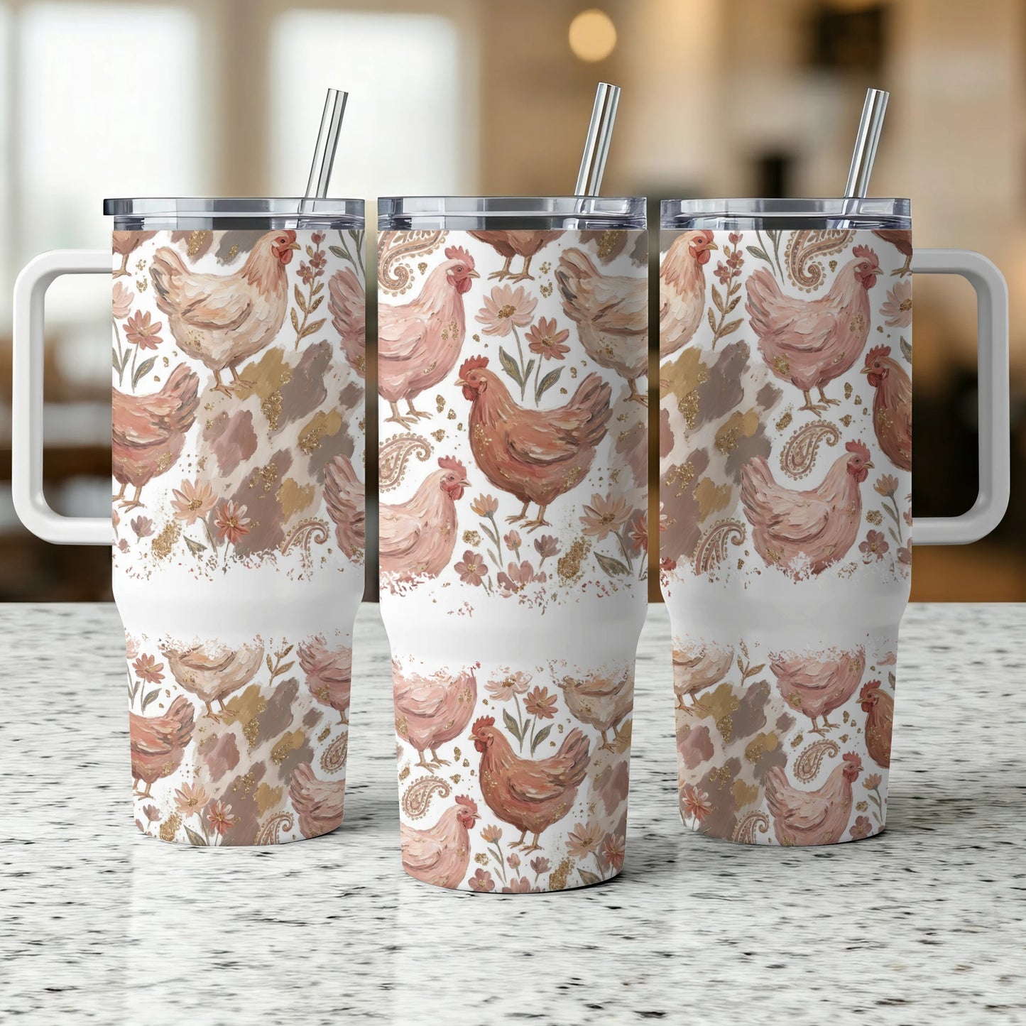Three tumblers featuring a chicken and floral design with gold accents.