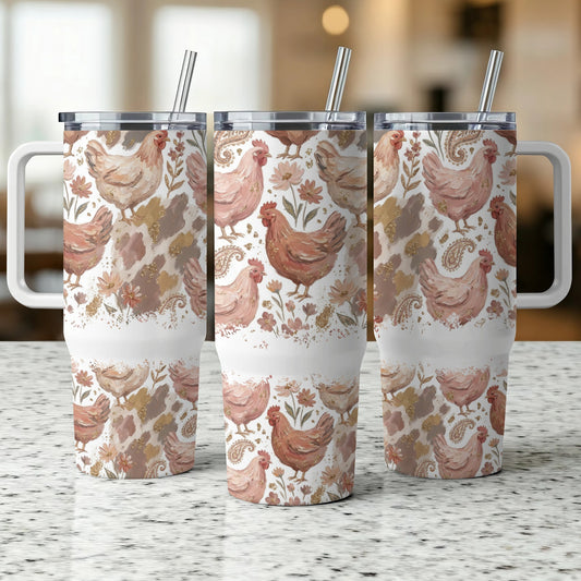 Three tumblers featuring a chicken and floral design with gold accents.