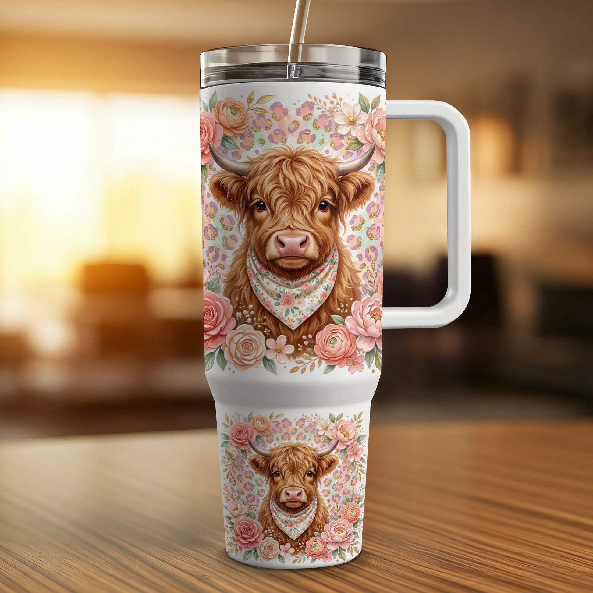 Highland cow with floral pattern on a white travel tumbler.