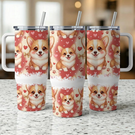 Three tumblers with smiling corgi faces, hearts, and bows on a speckled surface.