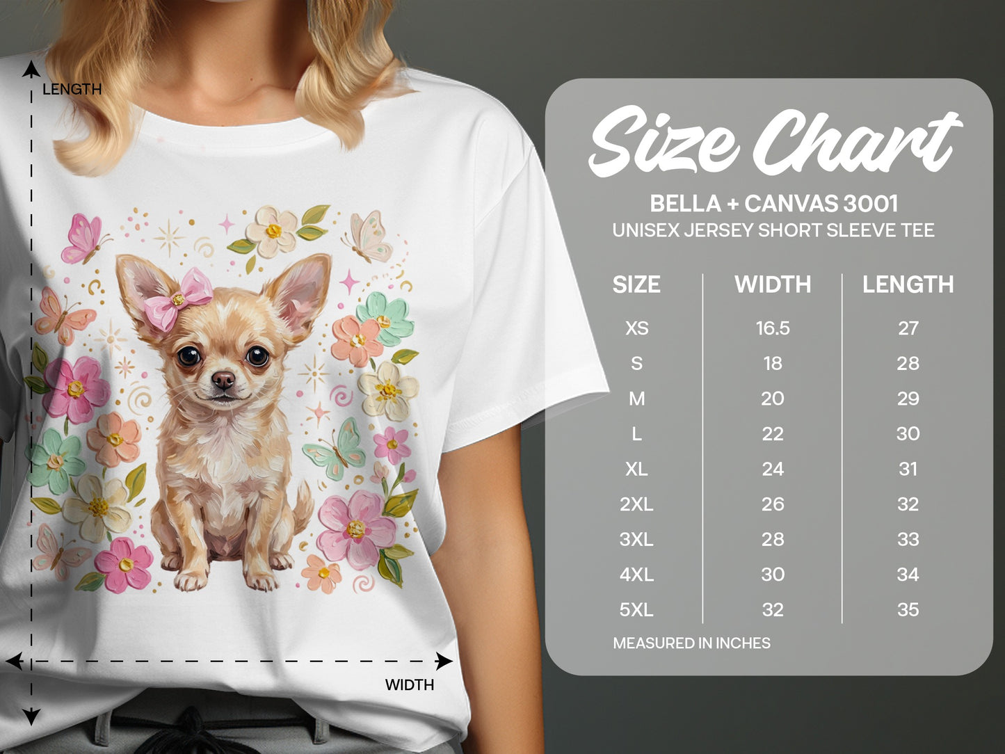 T-shirt size chart with chihuahua and floral illustrations.