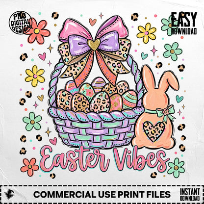 Easter basket with painted eggs and bunny, "Easter Vibes" text.