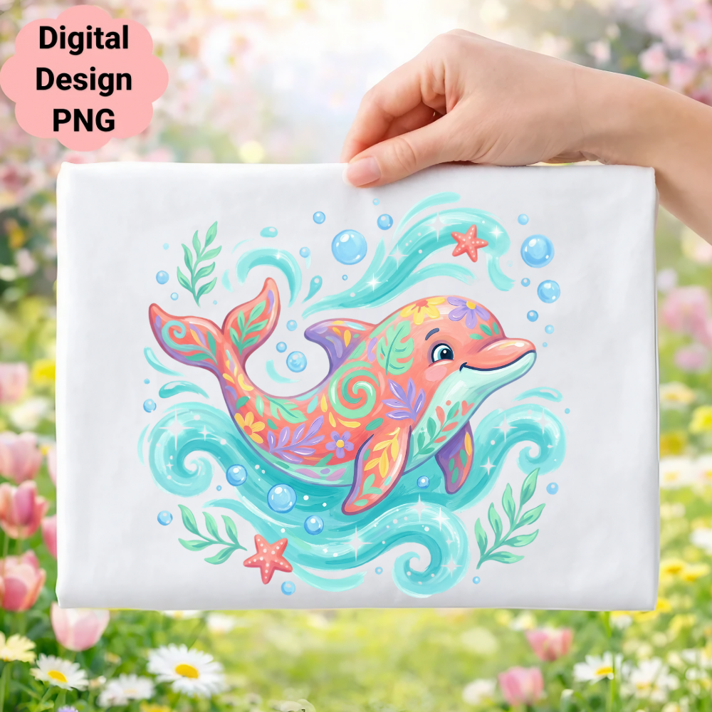 Colorful dolphin with floral patterns swimming amongst bubbles and starfish.