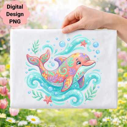 Colorful dolphin with floral patterns swimming amongst bubbles and starfish.