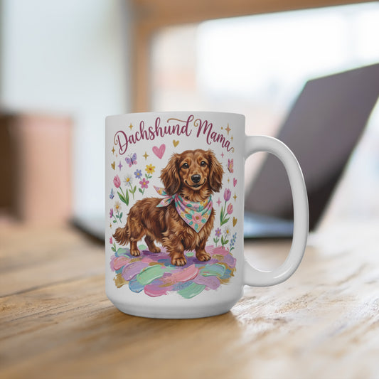 Dachshund Mama mug with a dachshund wearing a bandana and surrounded by flowers.