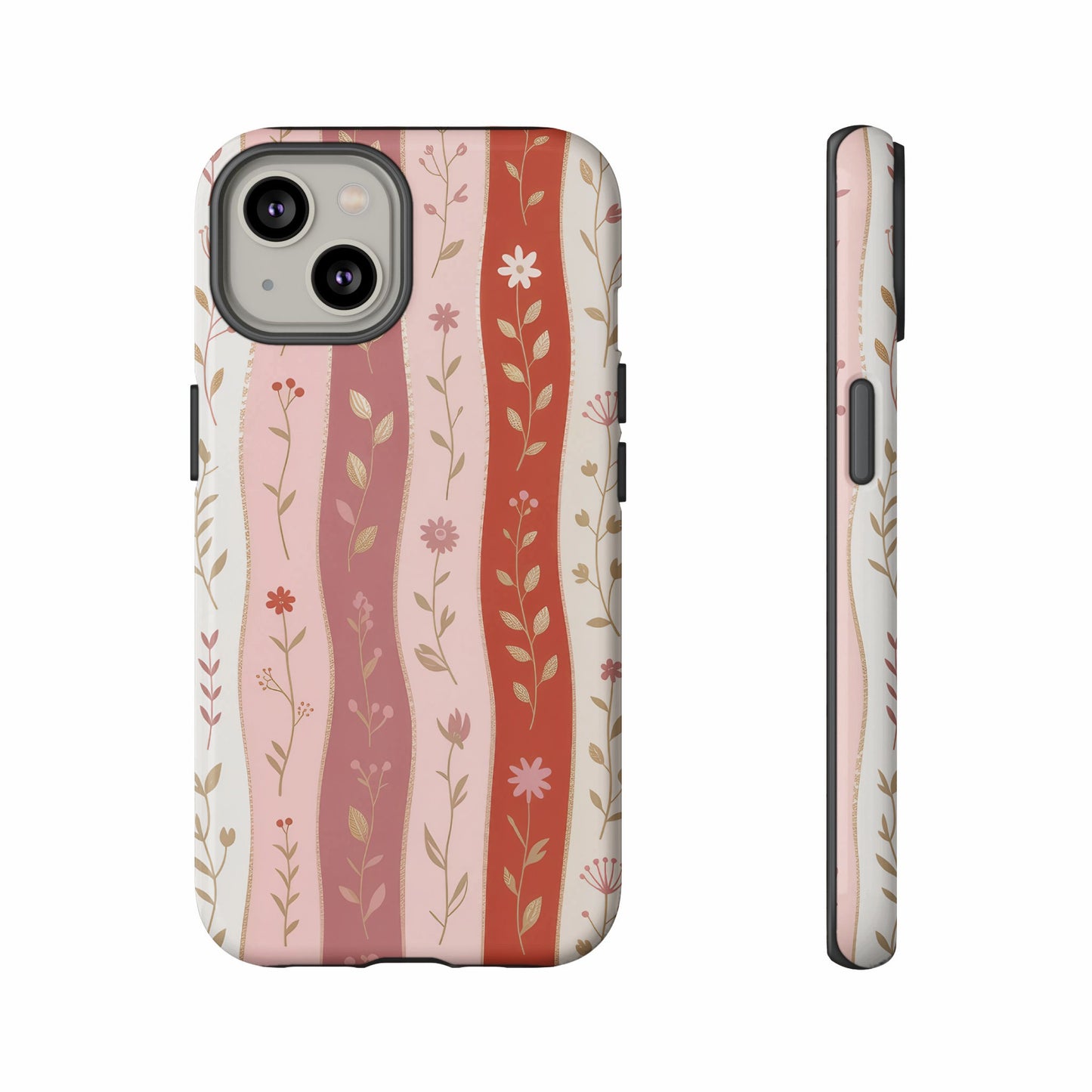 Phone case with a floral pattern of pink and red stripes and gold leaves.