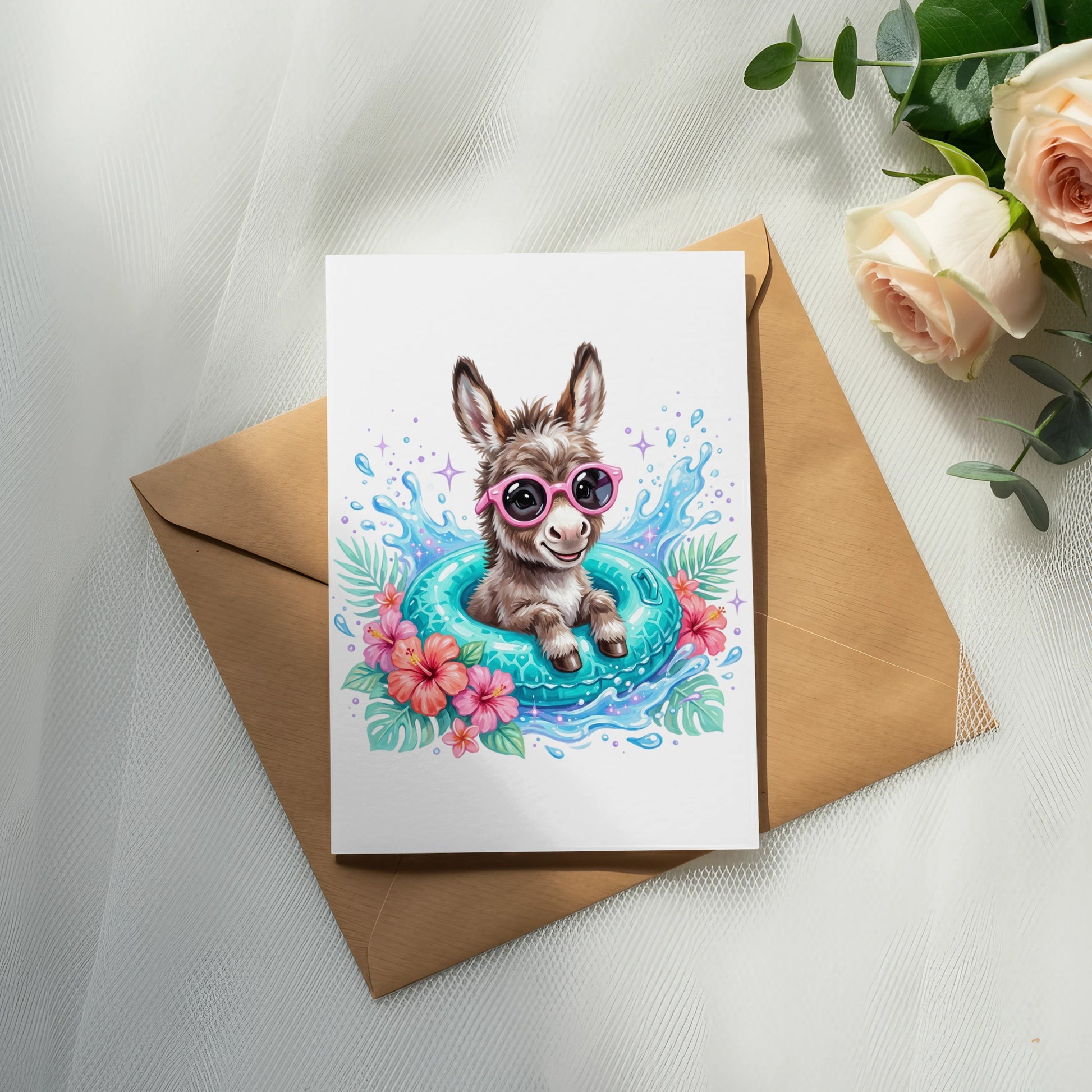 Donkey wearing sunglasses in a pool float with flowers.