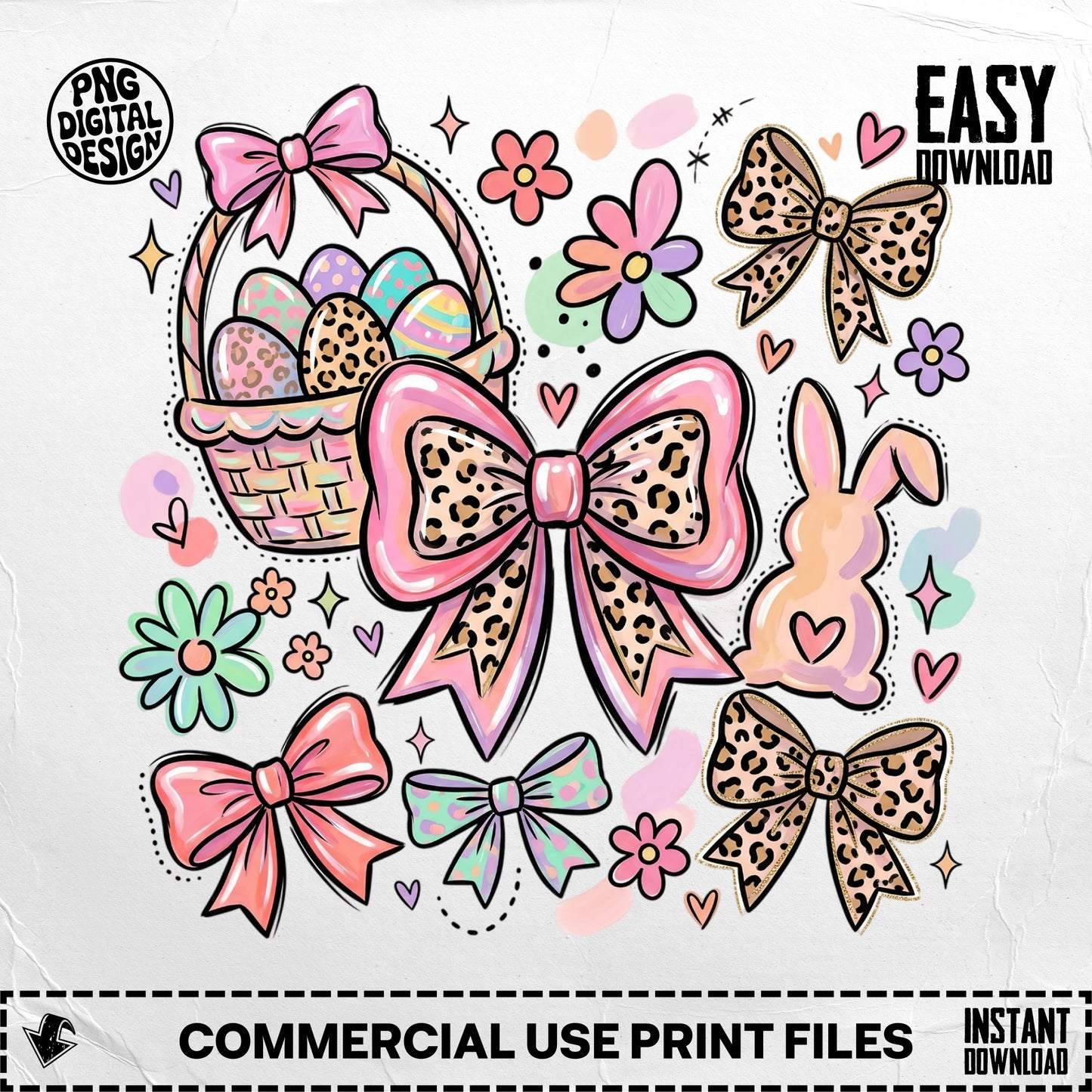 Easter graphic bundle with bunny, basket of eggs, and bows.