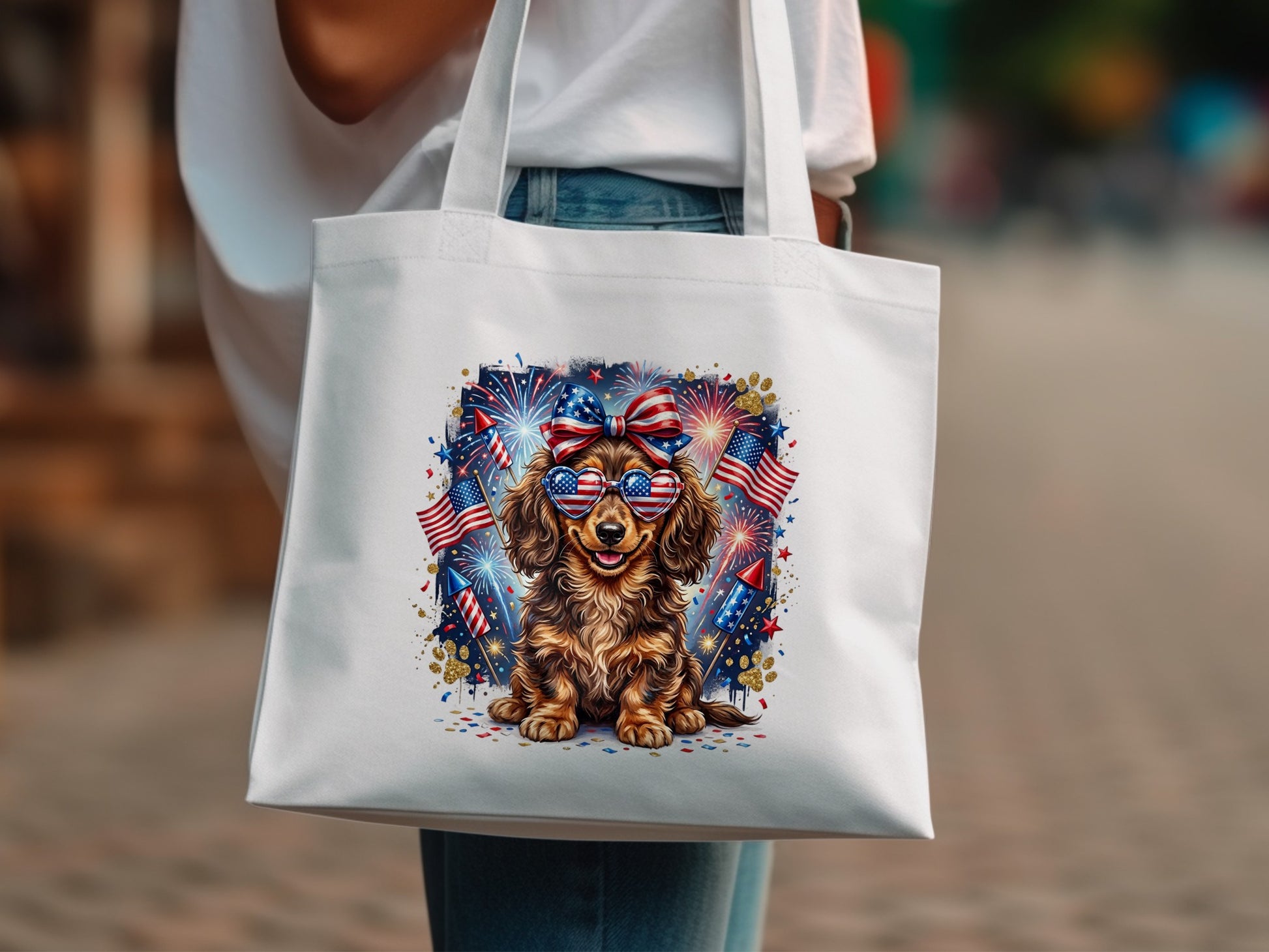 Dog wearing sunglasses with American flags and fireworks on a white tote bag.