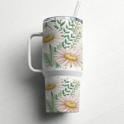 Large insulated tumbler with handle featuring a floral daisy and greenery pattern.