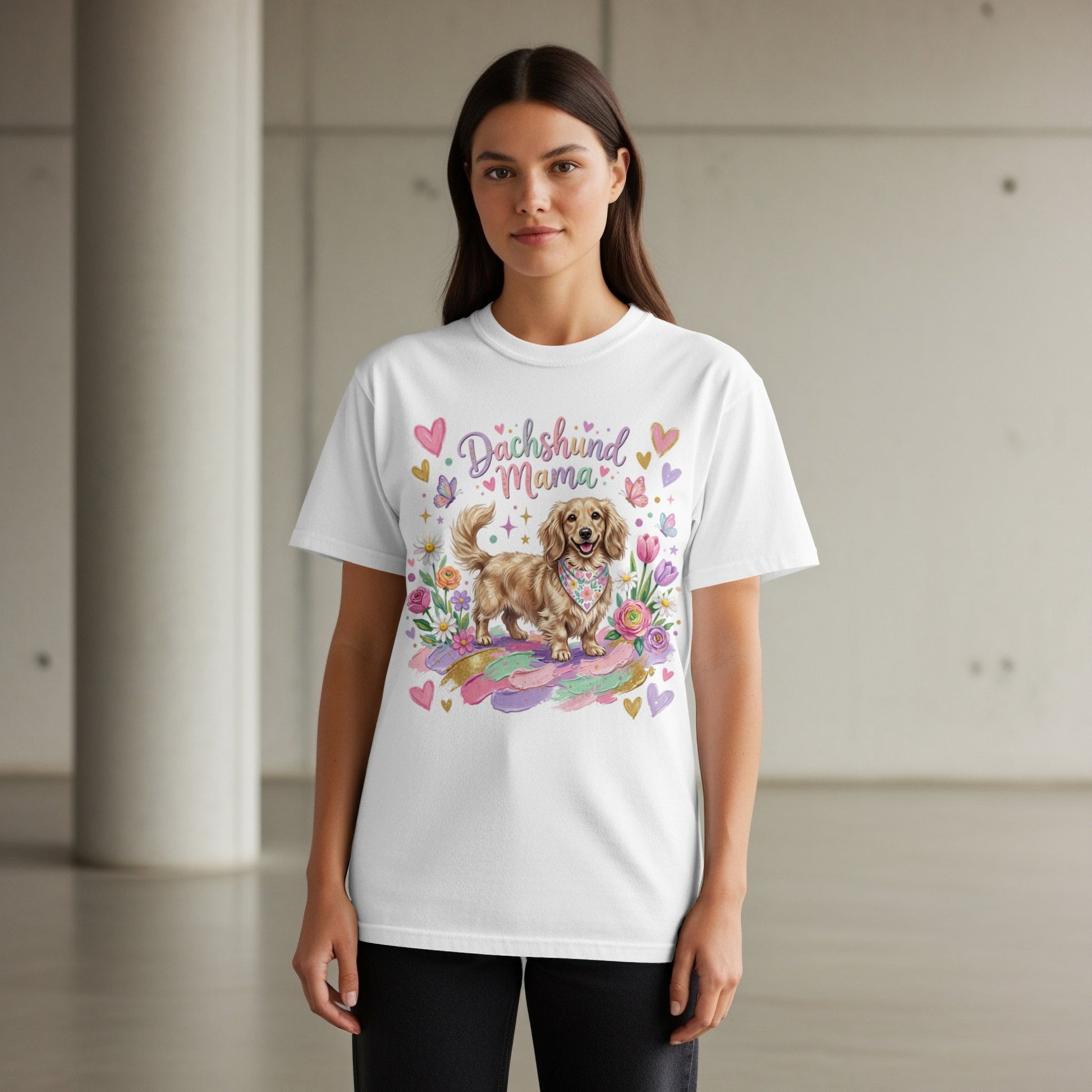 Dachshund Mama graphic on white t-shirt with floral and heart accents.