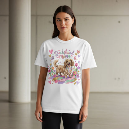 Dachshund Mama graphic on white t-shirt with floral and heart accents.