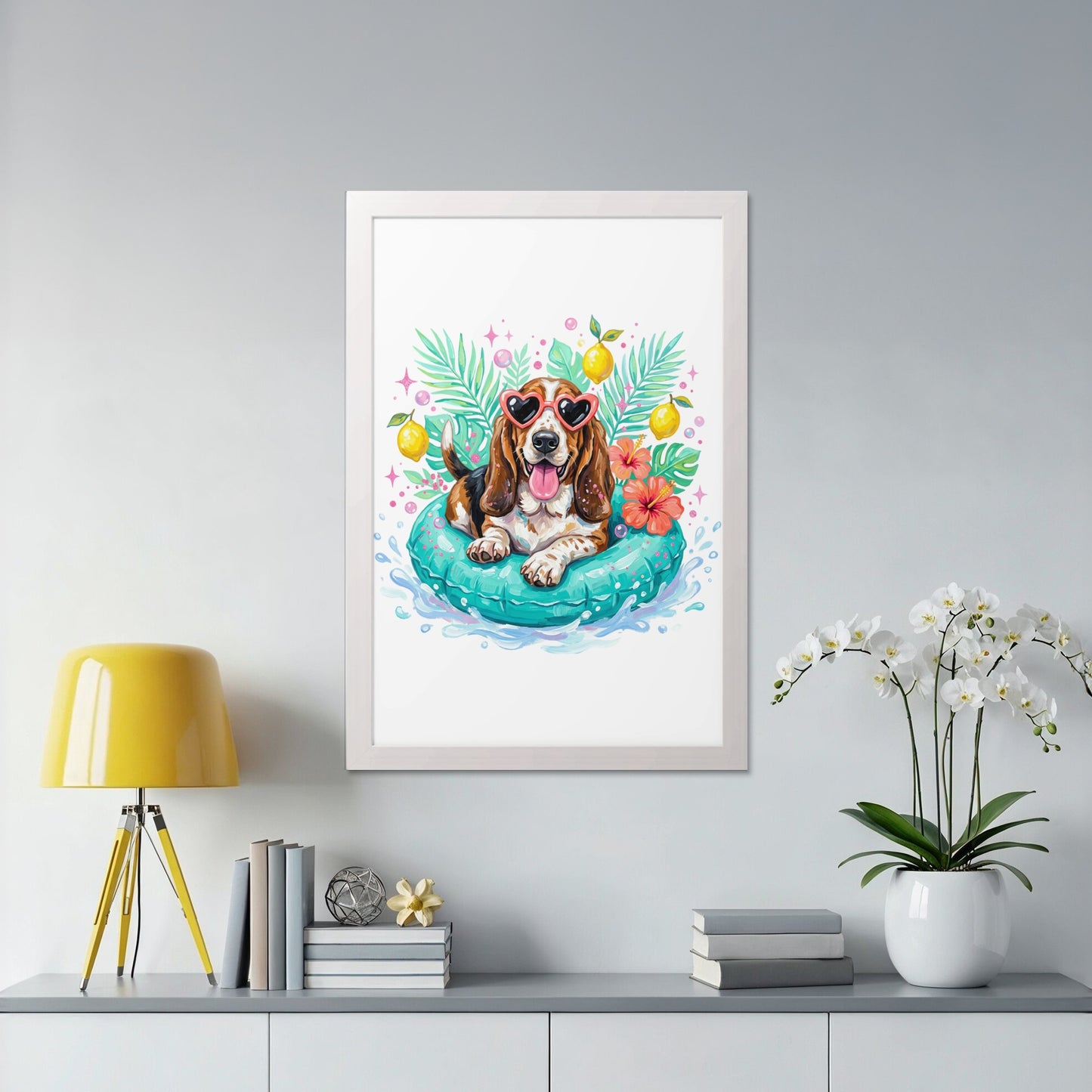 Beagle dog in inflatable ring with heart sunglasses and flowers.