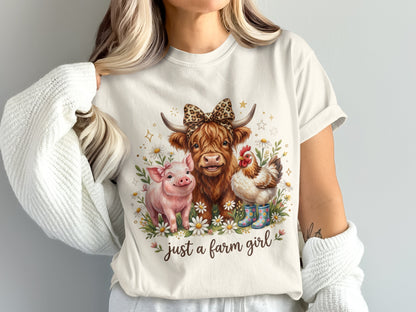 Farm animals, including a pig, cow with leopard print bow, and chicken, surrounded by daisies.
