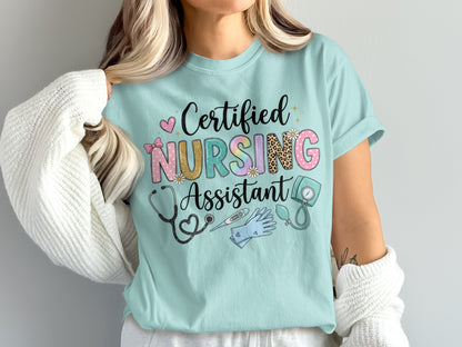 Light blue t-shirt with "Certified Nursing Assistant" text and medical graphics.