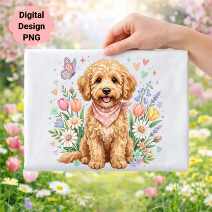 Goldendoodle puppy with bandana surrounded by spring flowers and butterflies.