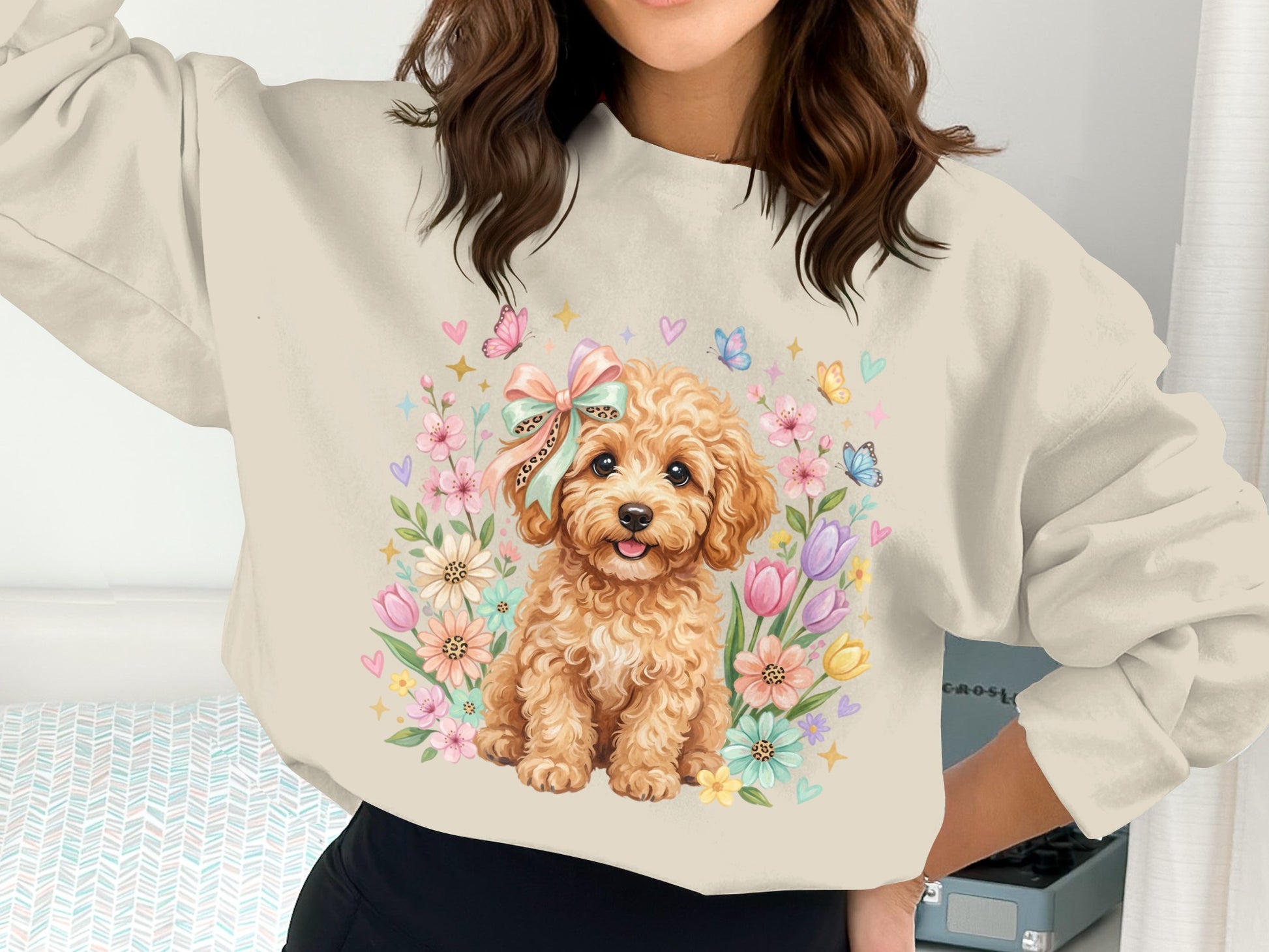Light brown poodle puppy with floral garland and pastel butterflies.