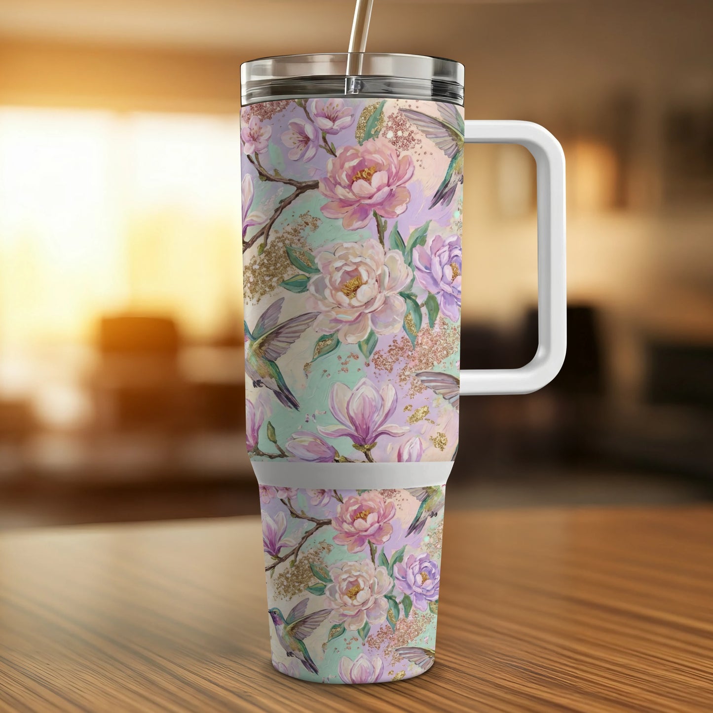 Floral and hummingbird design on a white insulated tumbler with handle and straw.