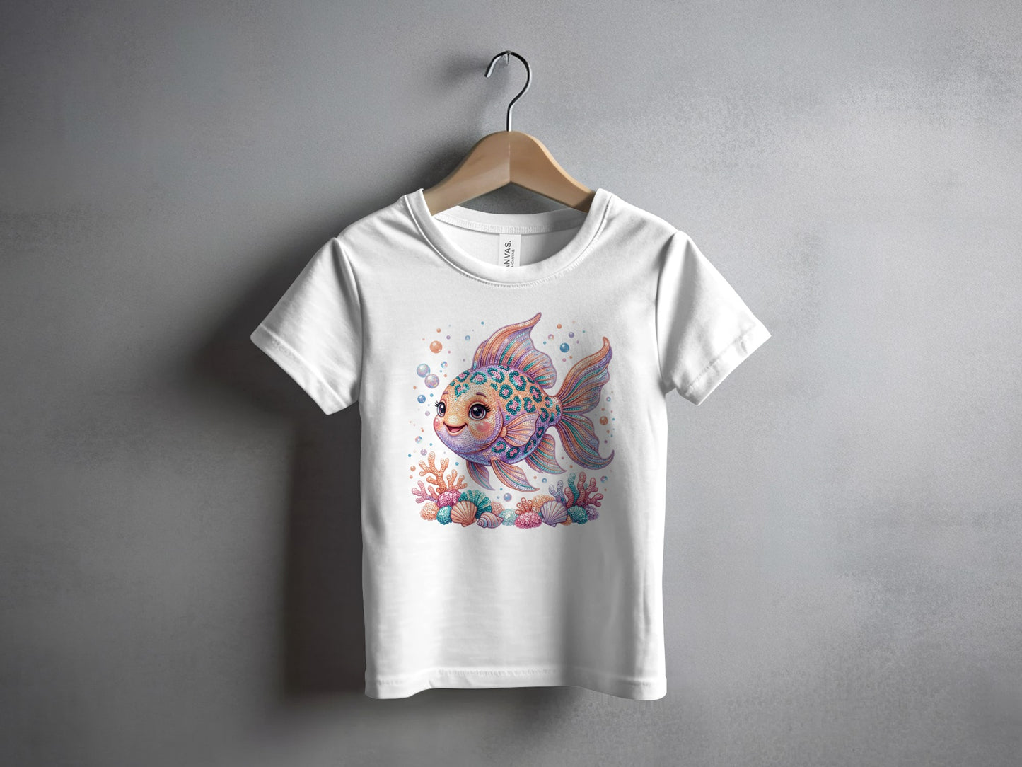 Cartoon goldfish with bubbles and coral on a white t-shirt.