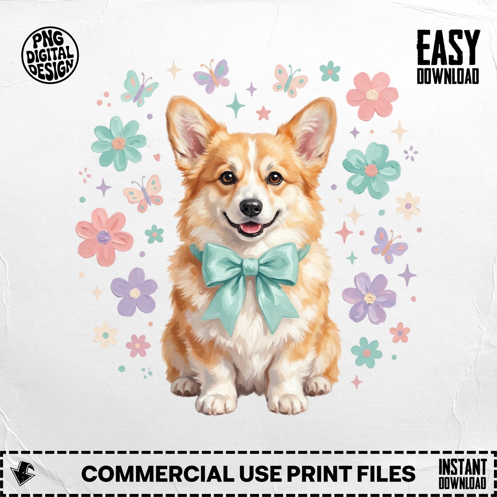 Corgi wearing a teal bow, surrounded by flowers and butterflies.