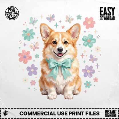 Corgi wearing a teal bow, surrounded by flowers and butterflies.