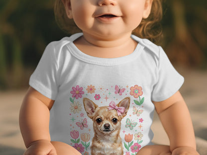 White baby onesie with chihuahua, flowers, and butterflies design.