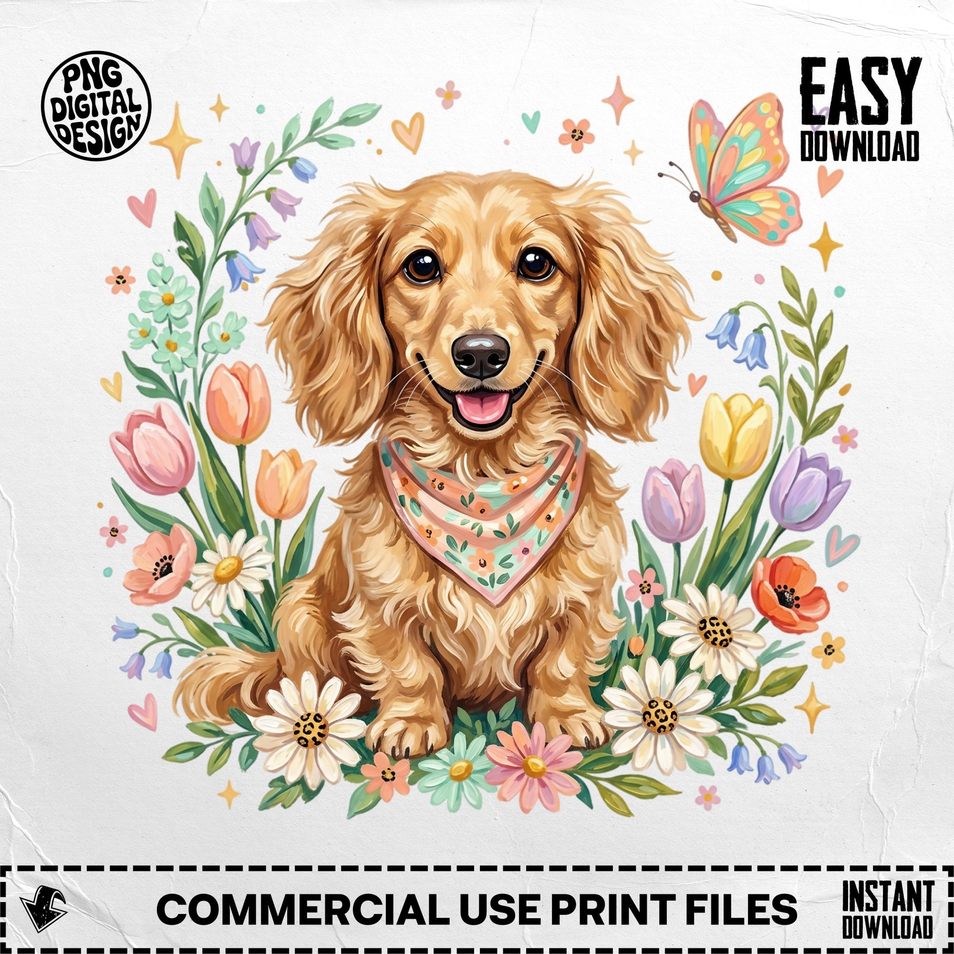 Dachshund wearing bandana surrounded by flowers and butterfly, "Easy Download" text.