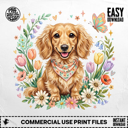 Dachshund wearing bandana surrounded by flowers and butterfly, "Easy Download" text.