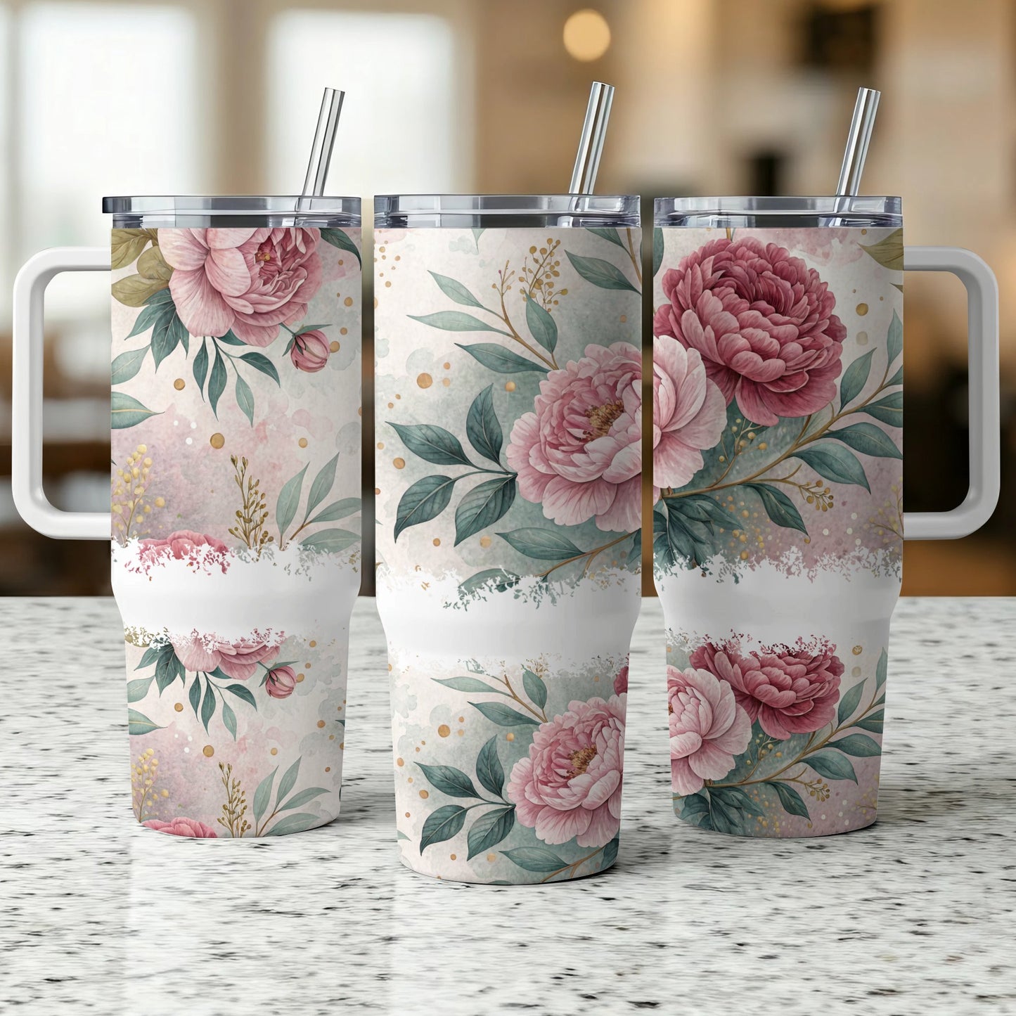 Three tumblers with pink floral and green leaf pattern.