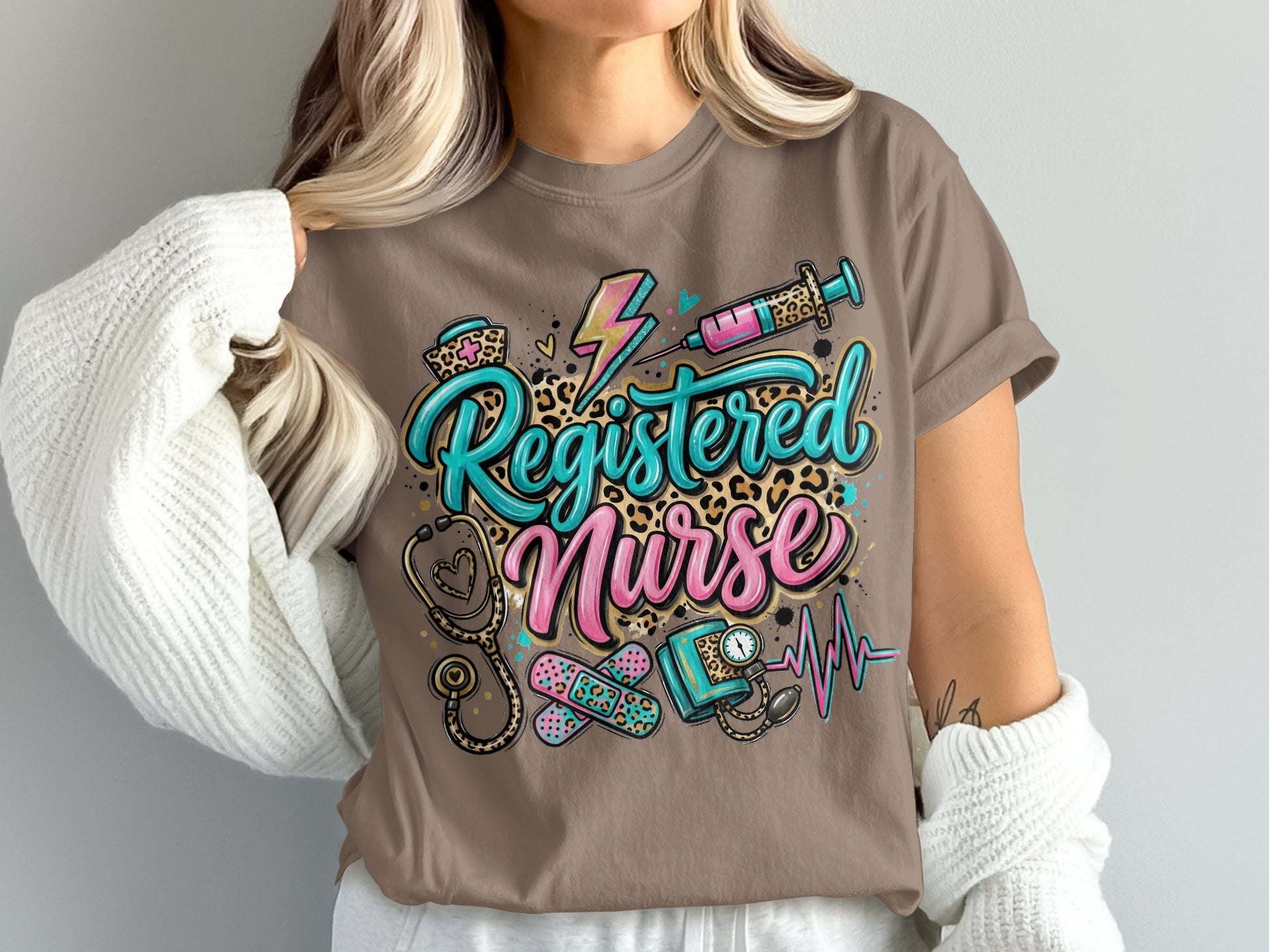 Registered Nurse with stethoscope, syringe, EKG, and bandages.